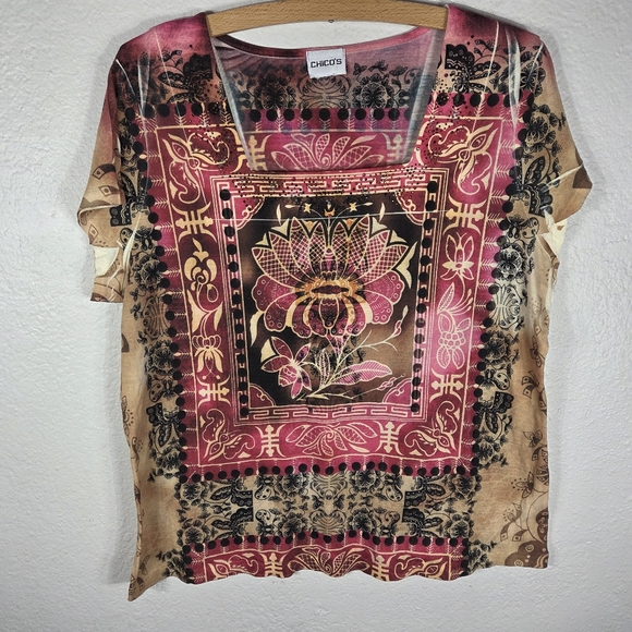 Chico's Tops - Chicos Tee Shirt Womens Size 3 Rinestones Lotus Print Square Neck